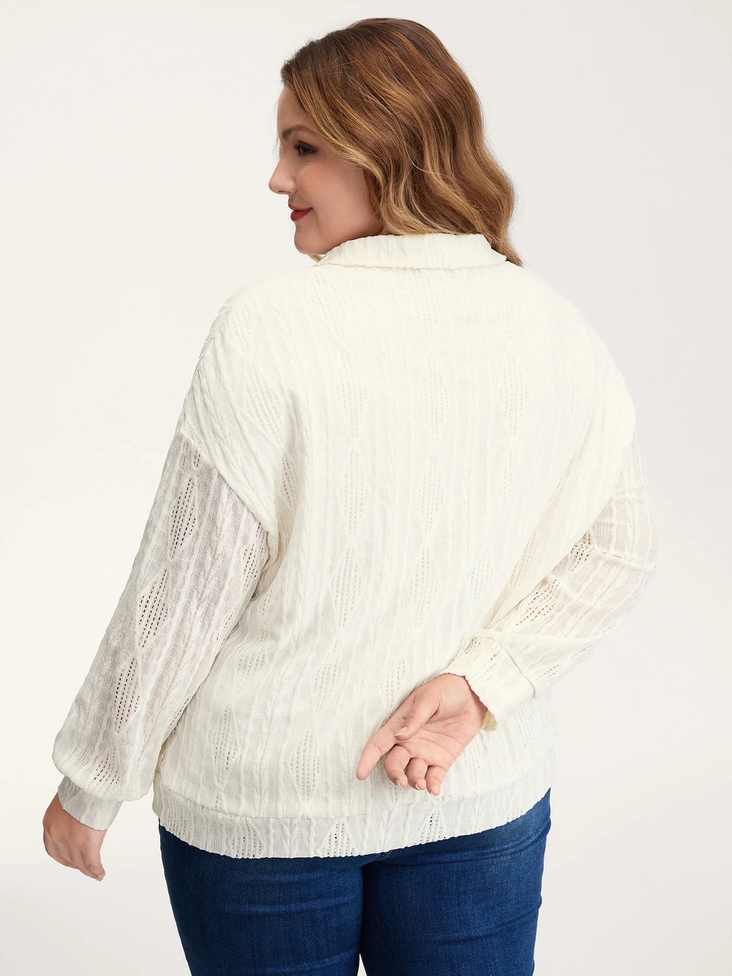 Textured Lapel Collar Stretchy Hem Sweatshirt