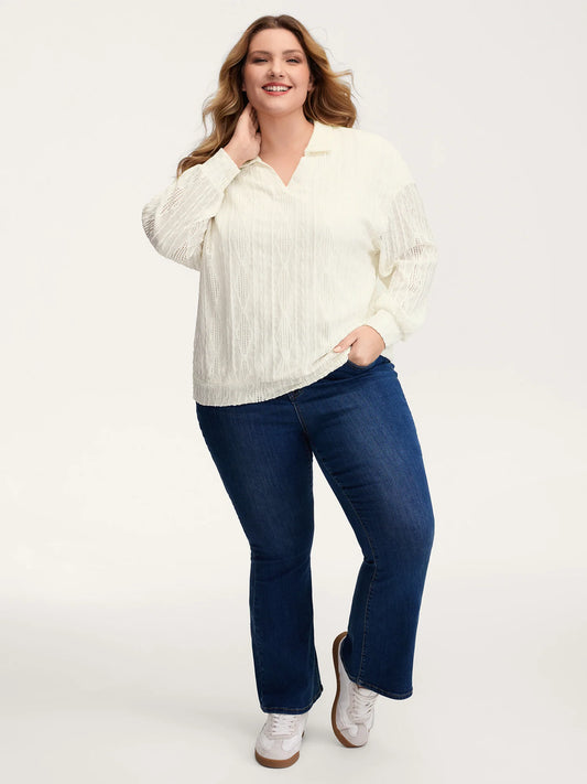 Textured Lapel Collar Stretchy Hem Sweatshirt